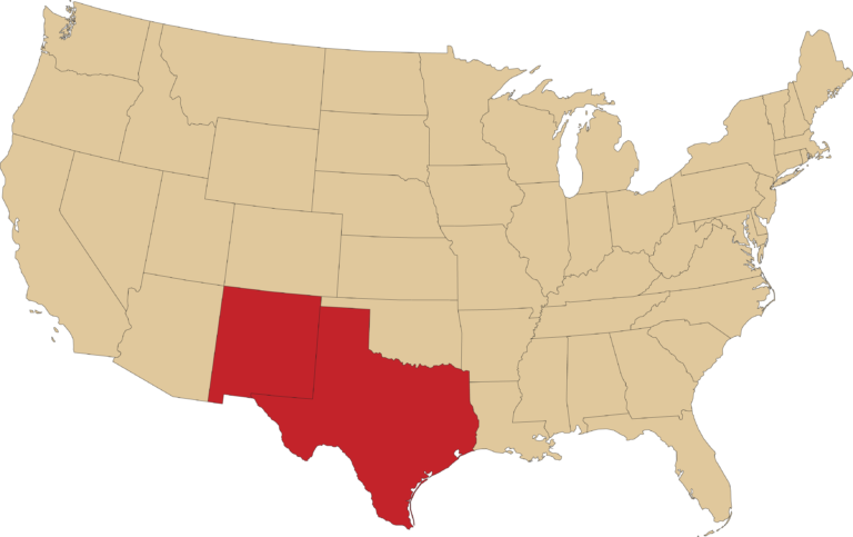 this image is the map of the united states in a khaki brown. Texas and New Mexico are in the same bold red that is featured in the Flatland Energy Services Logo. This image is to signify that Flatland operates in Texas and New Mexico currently.